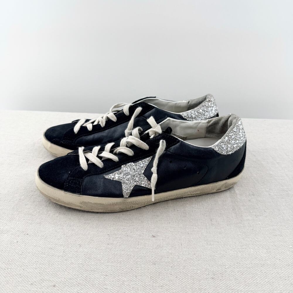Golden Goose Super-Star Suede Glitter Low-Top Skate Sneakers Black Silver EU 39